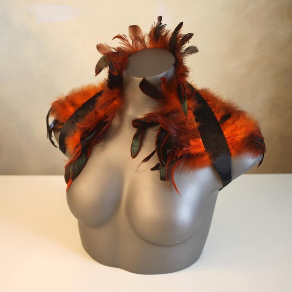 Rooster Feather Shoulder Wrap Shrug Orange Black NEW